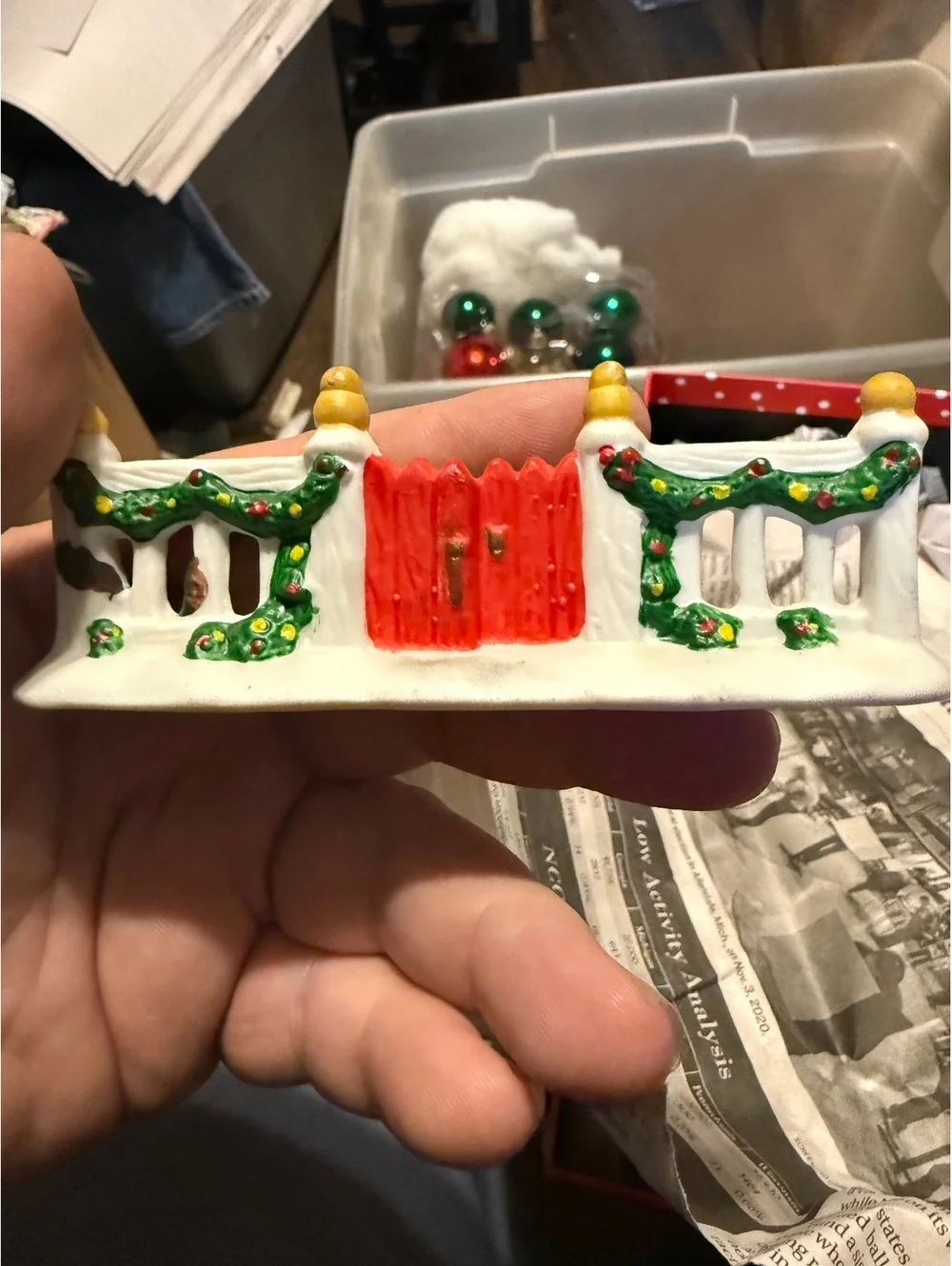 Ceramic Christmas Village Fence Decoration with Red Gate and Garland